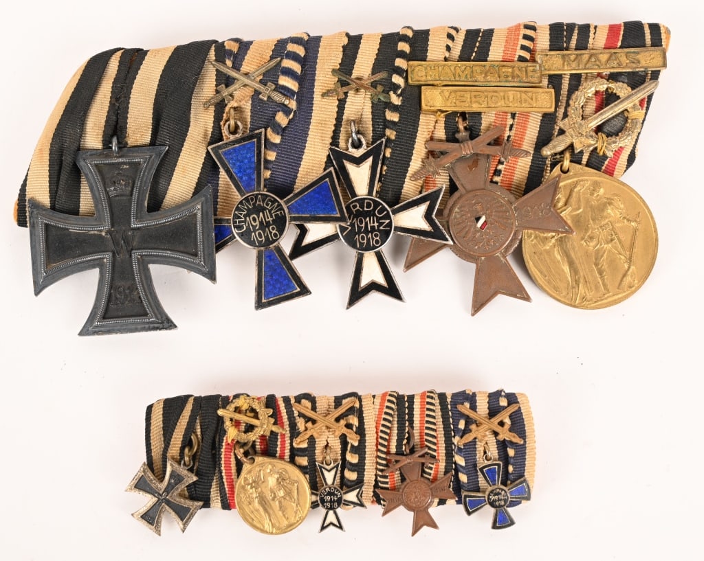 WWI IMPERIAL GERMAN MEDAL BAR NAMED TO REVERSE: Imperial German 5 place medal bar with miniature Bar to include 1) IRON CROSS 2ND CLASS. 1914 pattern, die struck, three piece, iron and alloy construction Pattée style cross with a single piece