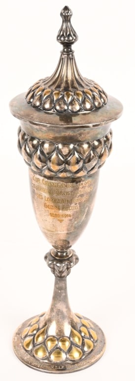 WW1 IMPERIAL GERMAN RAILWAY DEDICATED CUP WWI: Large Imperial German Lidded, Silver Cup measuring just over 15 inches tall. Engraved to the front "Zur Erinnerung an das 25 jährige Dienstjubiläum Georg Züllig 1889-1914" In commemorat