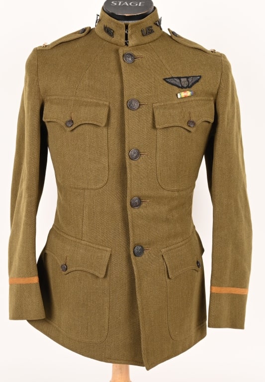 WWI US ARMY AIR SERVICE PILOT UNIFORM W WINGS WW1: World War One Air Service Tunic with absolutely beautiful Bullion Thread Wings. Named to the interior B. Schlack and dated 8/1918 and tailored by Shayne Brun of Chicago. U.S. and Air Service collar in