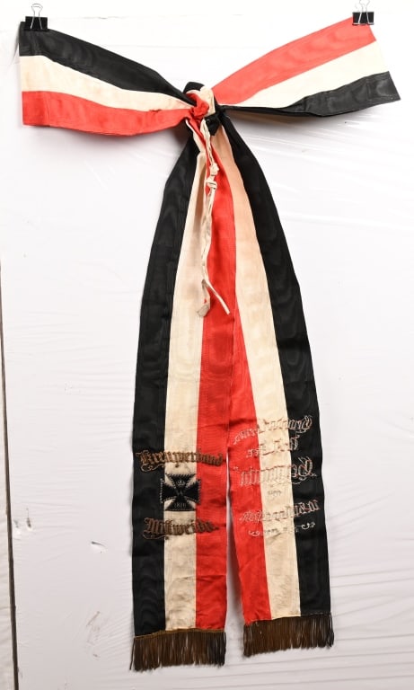 IMPERIAL GERMAN SASH W BULLION 1870 IRON CROSS: Beautiful Imperial German 1870 Veterans Honor Sash measuring 43 inches and made of red, white and black silk with bullion texts that reads "Honorary association of Mittweida" on one side, and "Dedicat