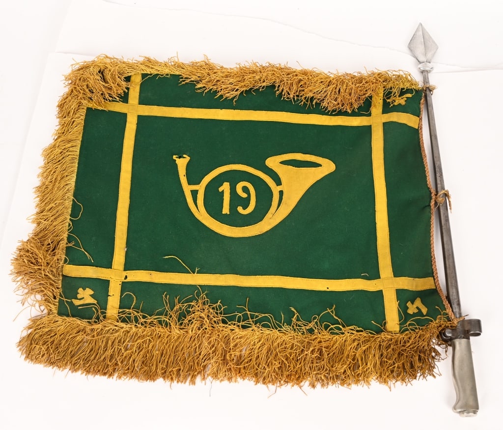 WWI FRENCH LABEL BAYONET POLETOP W PENNANT WW1: A very attractive WWI Era Label Rifle Bayonet made into a Pole Top with a felt on felt Banner for the 19th Infantry, The banner measures 15 X 15 inches having some moth damage but displays v