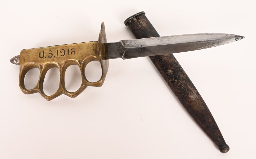 WW1 US M1918 KNUCKLE KNIFE AU LION W SCABBARD WWI (1 of 6)