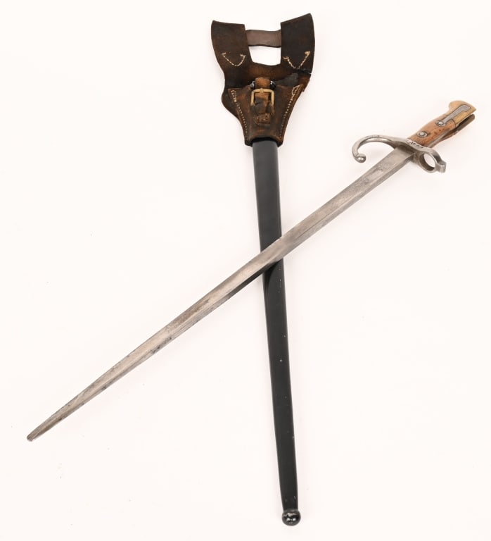 FRENCH GRAS MODEL 1874 CADET BAYONET W FROG: In very good original condition. Very good unmarked blade with rounded tip. Very good original walnut grips. Brass pommel. Functional push button release. Number 53 stamped on crossguard. In its very