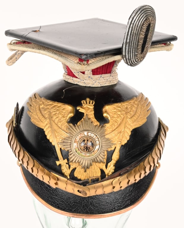 WWI IMPERIAL GERMAN GENERALS 2nd UHLAN TSCHAPKA: Imperial German 2nd Garde Uhlan Regiment Generals Tschapka. Fine example of a leather bodied Uhlan General's Tschapka with brass garde regiment helmet plate with enamel starburst centre. Brass scaled