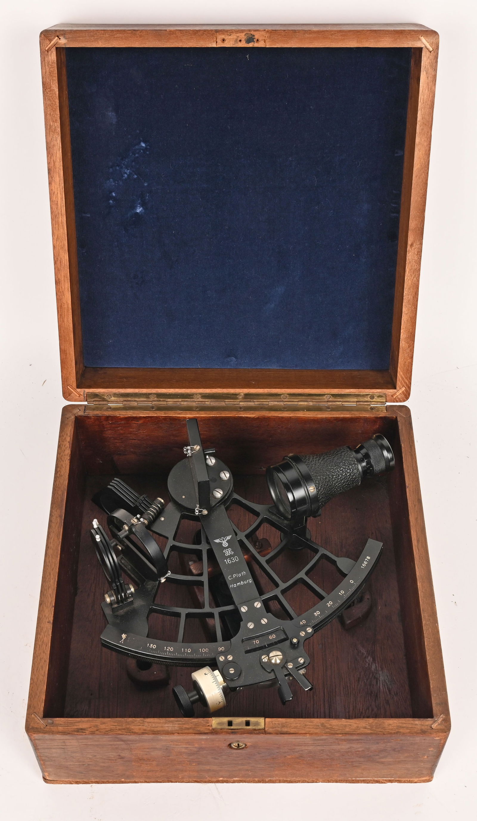 WWII NAZI GERMAN KRIEGSMARINE SEXTANT W CASE WW2: In excellent fully functional condition we have a German Navy U Boat Sextant in a Kriegsmarine issue transit chest. The Sextant was made by C. Plath, Hamburg and serial numbered 1630. This