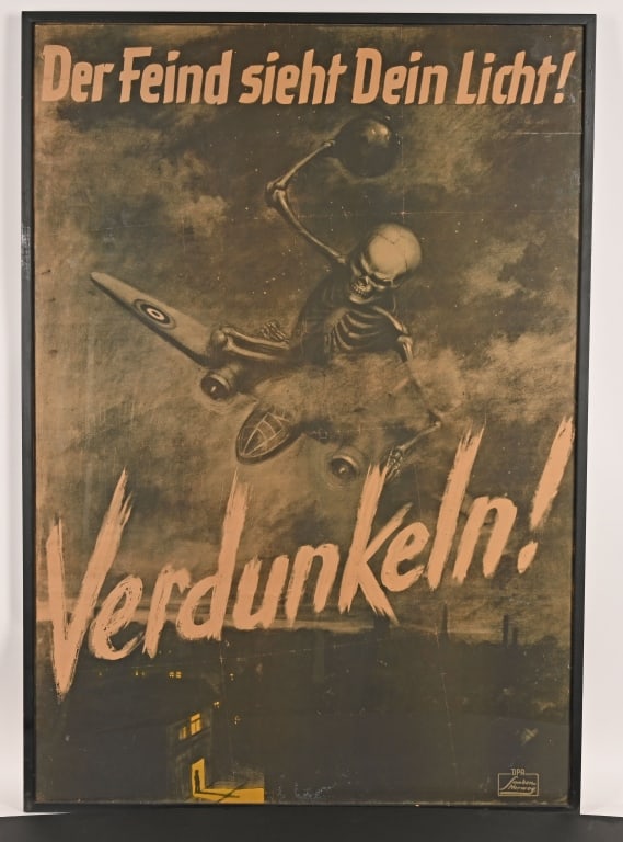 RARE WWII GERMAN POSTER THE ENEMY SEES YOUR LIGHTS: Exquisitely framed WWII Nazi German period poster with fantastic graphics of a very menacing Skeleton hurling a bomb and riding atop of a British Bomber attacking a house with the lights on with the t