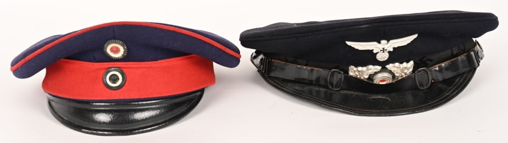 WWI IMPERIAL GERMAN & NAZI GERMAN VISOR HAT LOT: Lot of German visor caps to include 1) PRUSSIAN EM/NCO’S DUNKELBLAU VISOR CAP. Private purchase "Dunkelblau" wool construction visor cap with poppy red piping to the top of the crown edge and a