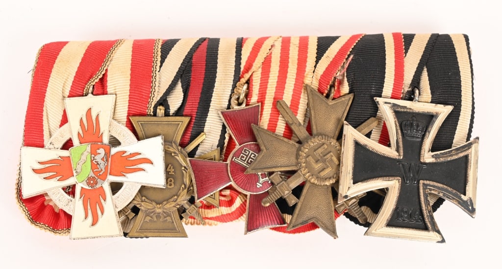 WWI & WWII IMPERIAL & NAZI MEDAL BAR EKII BREMEN: Imperial German & Nazi German 5 place medal bar to include 1) NORTH RHINE WESTPHALIA FIRE PROTECTION MEDAL OF HONOR. Fine enamels in silver. 2) COMBATANTS CROSS OF HONOR 1914/18. Die struck, magnetic