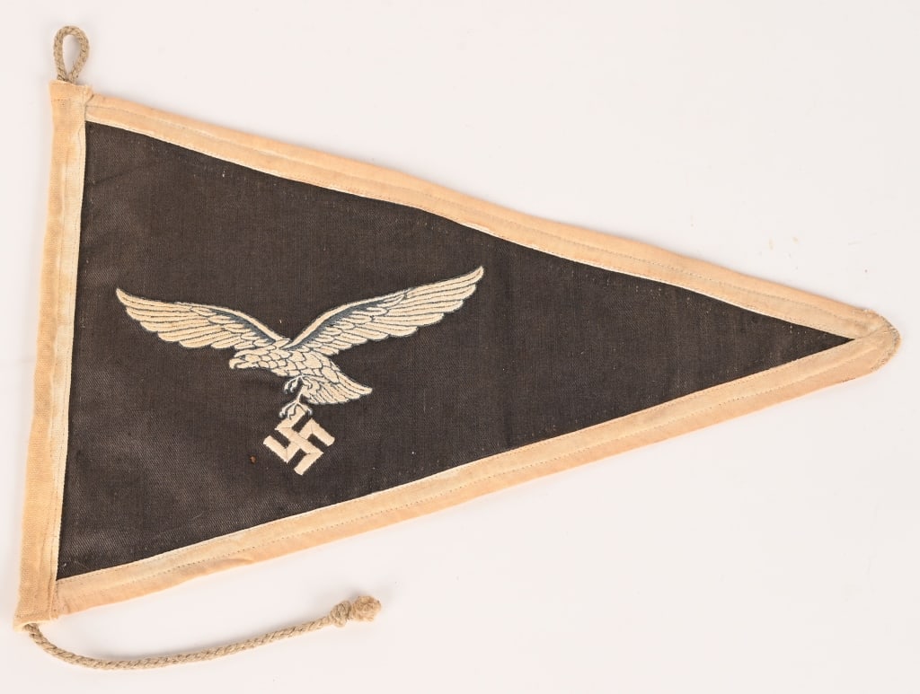 WWII NAZI GERMAN LUFTWAFFE OFFICERS CAR PENNANT: Roughly, 23cm tall at the hoist end, 40cm long, horizontal, isosceles triangle, woven, dual-ply, Luftwaffe blue/gray cotton construction pennant features a nicely detailed, machine embroidered, second