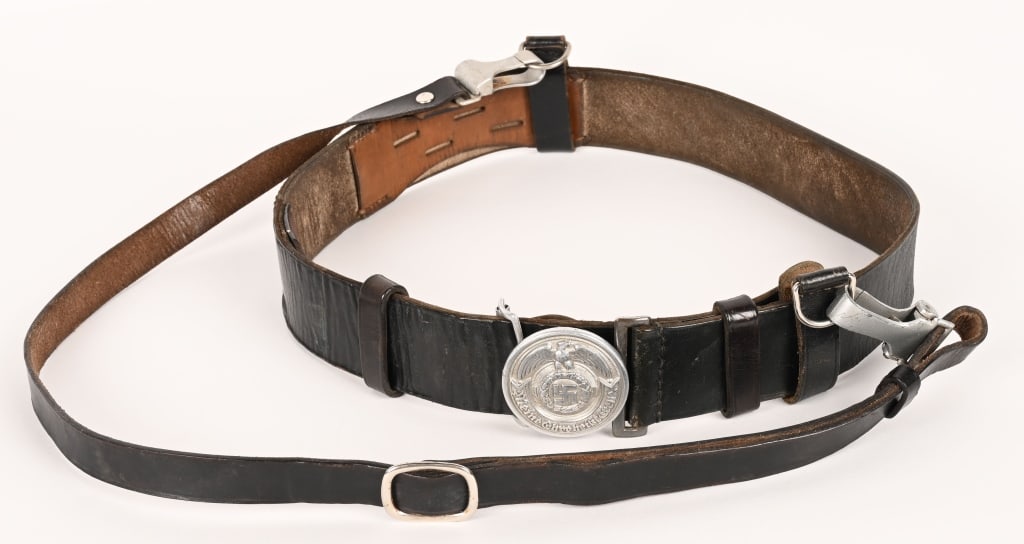 WWII WAFFEN SS OFFICER'S LEATHER BELT & BUCKLE WW2: Aluminum, die struck, circular belt buckle features a high relief, stylized, national eagle with outstretched, downward curving, wings, clutching an oak-leaf wreath which encompasses a static swastika