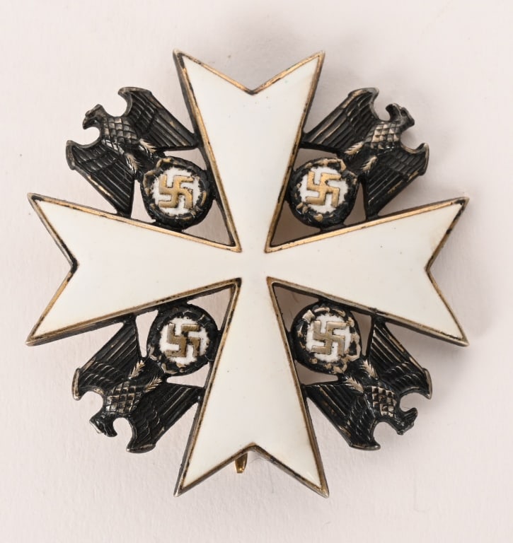 WWII NAZI GERMAN EAGLE ORDER BY GODET WW2: A German Eagle Order 2nd Class without swords, The Early issued item is a nice gold plated example with all its white enamel intact. The cross has tone over the years , Giving the eagles a bronze look