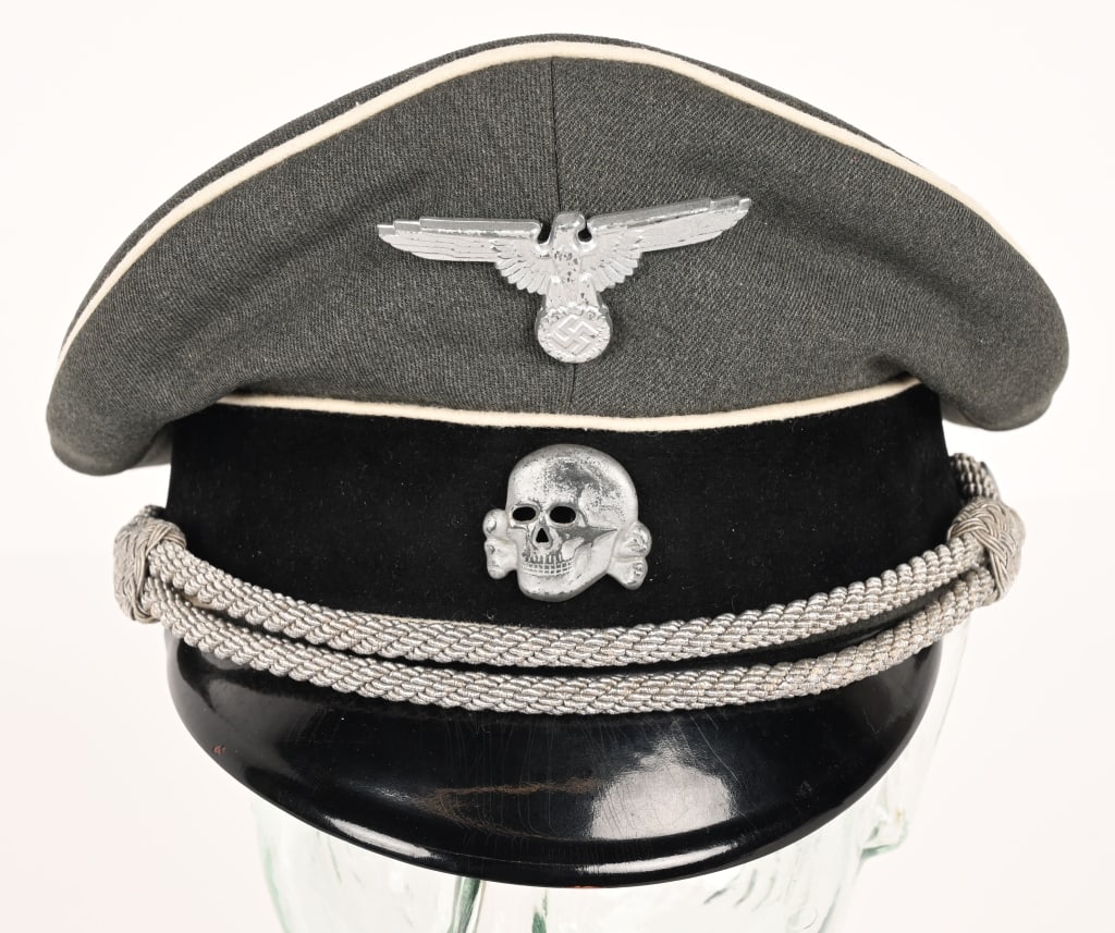 WWII NAZI GERMAN WAFFEN SS OFFICERS VISOR HAT WW2: Nice quality, field-gray wool/tricot blend construction, (Post-1935), high peaked, oval topped, "Sattelform", shaped visor cap with a subtle whipcord weave features a wide, black velvet centerband and