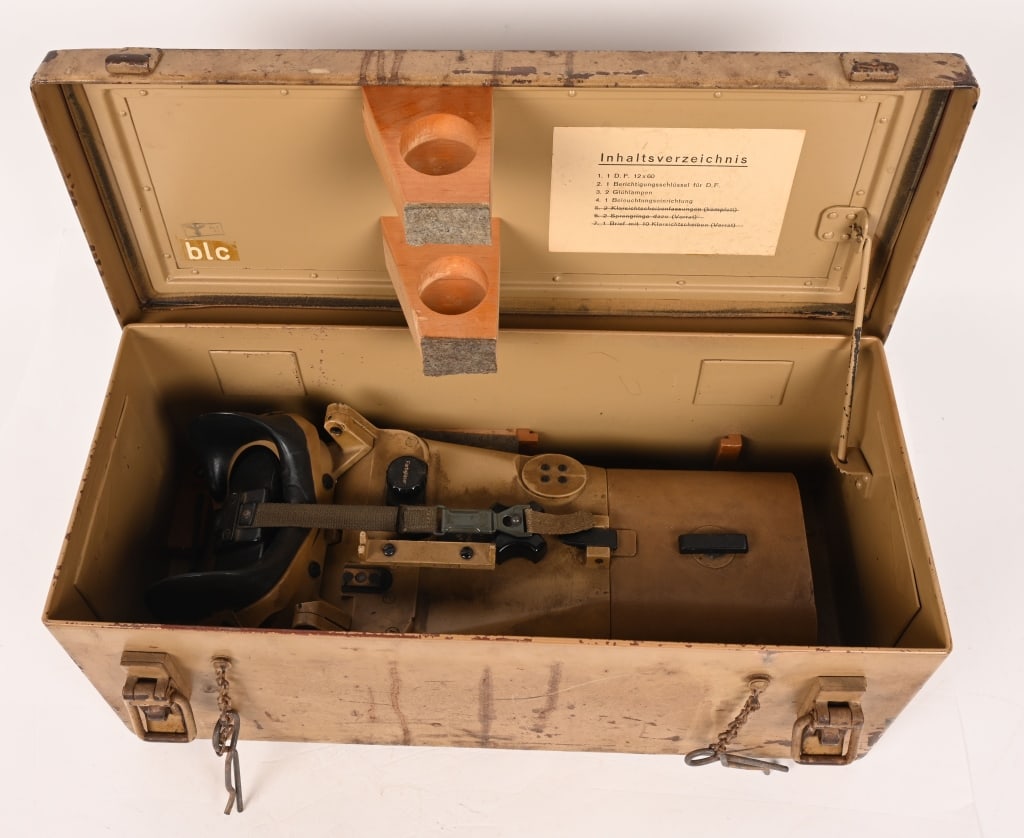 WWII NAZI GERMAN CASED BLC RANGEFINDER BINOCULARS: A superb and very scarce boxed example of the Wehrmacht issue 12x60 rangefinder binoculars. The optic itself is nicely marked to the top data plate with the'blc' maker code, signifying production by C