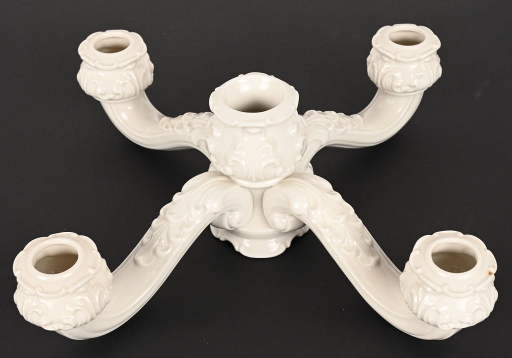 WW2 SS ALLACH 23A TABLE BAROQUE CANDLESTICK HOLDER: Rare centerpiece candle holder, 13 1/2" across, ivory porcelain with five candle holders almost entirely decorated in a wreath-like pattern. The candle holder arms bear small tabs of porcelain under e