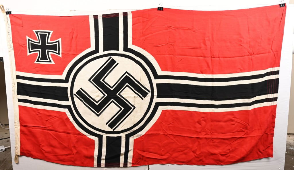 WWII NAZI GERMAN KRIEGSMARINE BATTLE FLAG 100X170: Second pattern (Circa 1937/38-1945) single piece dual sided printed cotton/linen construction national war flag. The flag features a red base field with a central white/black/white/black bordered whit