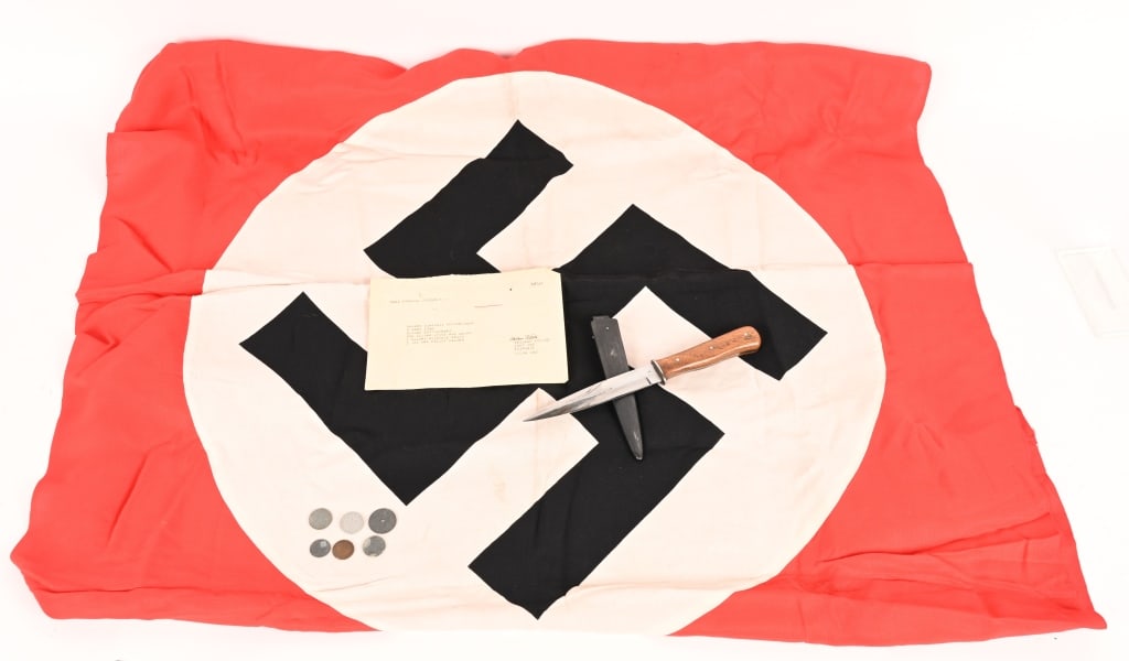 WWII NAZI GERMAN BOOT KNIFE FLAG W CAPTURE PAPER: WWII Nazi German Captured Souvenirs lot to include 1) Capture Paper, named to Master Sergeant Saul Roberts 32014634. The Souvenirs were released by Capt. Wallace Tuttle of the 255th Infantry. The item