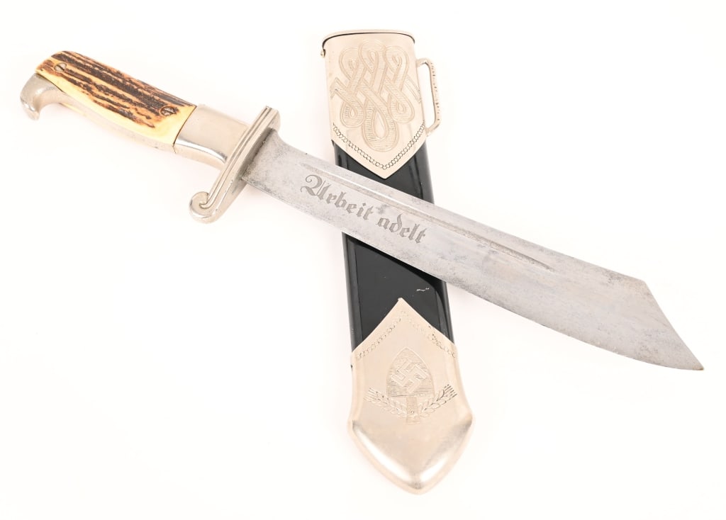 WWII NAZI GERMAN RAD SUBORDINATES HEWER WW2: Broad, 24.5cm long, drop forged steel, nickel/silver plated Bowie style blade with narrow fuller and false edge. Blade shows moderate scabbard runners, and a few dings. Obverse blade features the