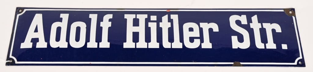 WWII GERMAN ENAMEL STREET SIGN ADOLF HITLER STRAßE: WWII GERMAN ENAMEL STREET SIGN "Adolf Hitler Str." NICE BLUE ENAMEL CITY SQUARE SIGN . SOME ENAMEL CHIPPING. SOME RUST SPOTS ON THE REVERSE. THE SIGN IS VAULTED - NOT FLAT . VERY POPULAR SOUVENIR