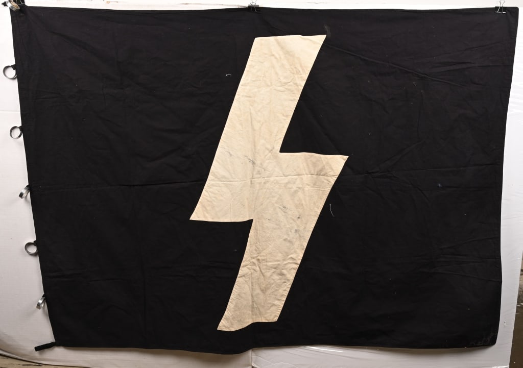 WWII NAZI GERMAN DJ UNIT FLAG W RINGS MINT WW2: DJ (German Youth) "Fahnleinfahne" Unit Standard with original rings. Large 45" x 60" white lightning bolt sewn to a black background. Six pole rings still remain. Near MINT! The DJ, "Deutsche