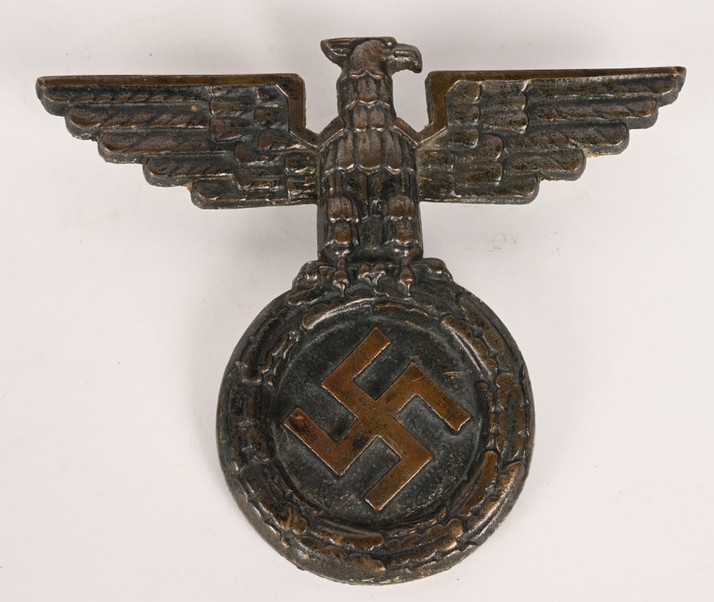 WWII NAZI GERMAN NSDAP WALL EAGLE PLAQUE WW2: Nickeled Bronze, WWII Nazi German NSDAP Eagle measuring 9 inches wide and in excellent condition with two mounts to the reverse. Excellent. The Nazi Party, officially the National Socialist German