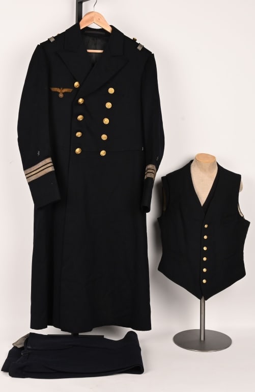 WWII NAZI KRIEGSMARINE KAPITÄNLEUTNANT UNIFORM WW2: WWII Kriegsmarine Kapitänleutnant Greatcoat with Matching Vests and Trousers. This is a heavy quality dark navy-blue woolen construction privately purchased type greatcoat, it has two rows of fiv