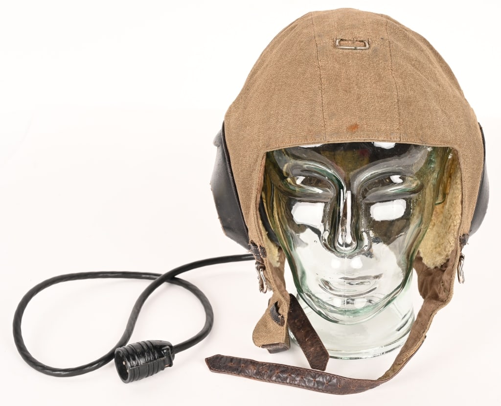 WWII NAZI GERMAN LUFTWAFFE LKpS101 FLIGHT HELMET: Luftwaffe LKpS101 Summer Flying Helmet, COMPLETE with all Avionics. It is a very good example of the Luftwaffe flying helmet with all the key features: the light brown cloth exterior; earphones with t