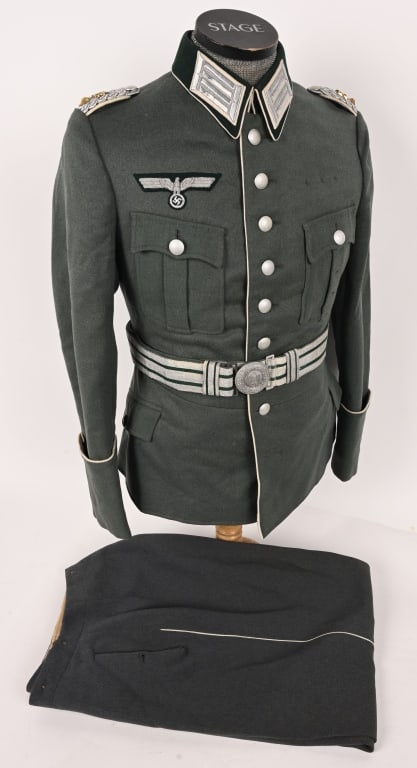WWII NAMED GERMAN INFANTRY WALK OUT DRESS UNIFORM: Beautiful Wehrmacht Oberstleutnant named Walk Out Gress Uniform with Brocade Belt. Beautiful quality, field-gray wool construction tunic with a subtle whipcord weave. The tunic features a eight button