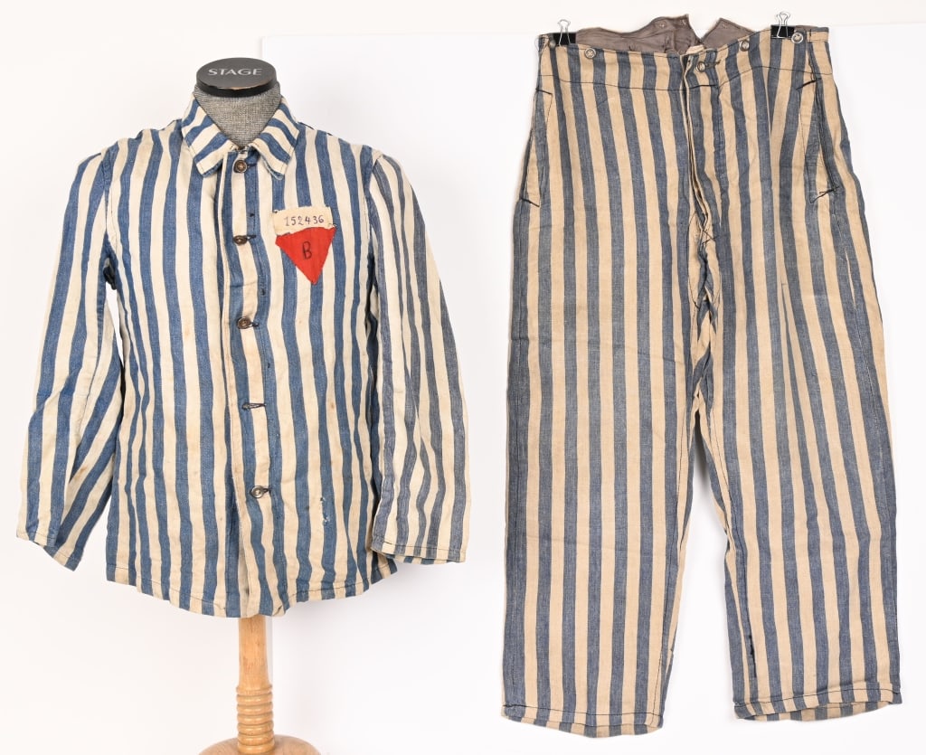 WWII CONCENTRATION CAMP UNIFORM IDENTIFIED DACHAU: Concentration Camp Uniform identified to Georges Defrau whose date of birth was 09/05/ 1897 and was from Etterbeck who was listed as a manufacturer. He shows up as entering Kaisheim on 04/09/1945 and