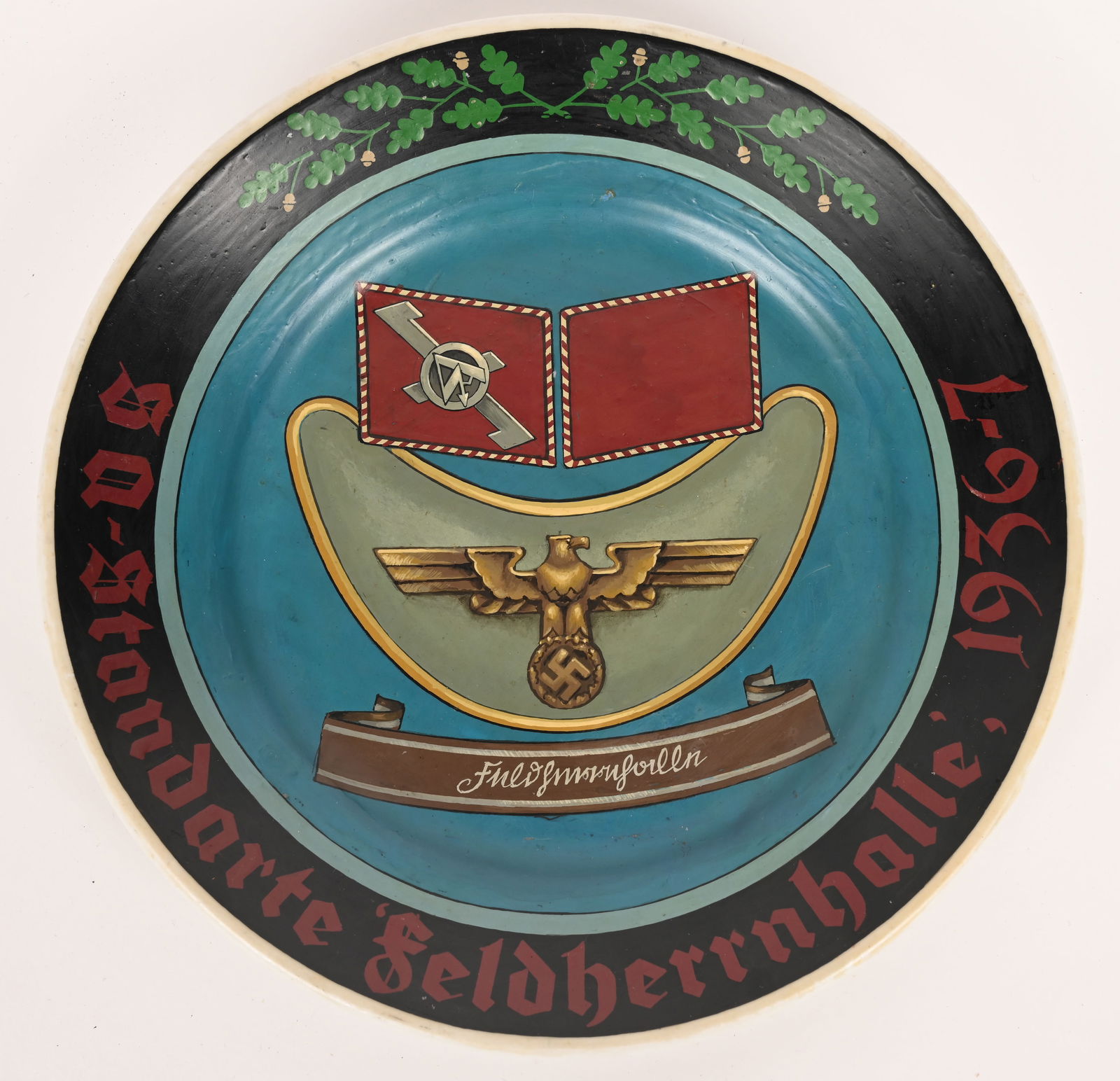 WWII NAZI GERMAN PLATE FOR FELDHERRNHALLE WW2: A beautifully executed 9 inch German mess plate measuring 9 inches in diameter with oakleaves and the texts SA Standarte "Feldherrnhalle" 1936-7 to the other rim and to its center images of a set coll