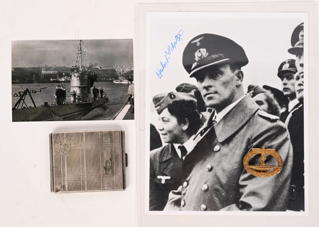 WWII NAZI GERMAN UBOAT W ENGRAVED CIGARETTE CASE: Lot of U-boat related items to include 1) Engraved Cigarette Case with a Crest to the upper left hand corner and to the lower right a Black Cat indicating the Boat U-48. Also in the lot is a U-Boat Wa