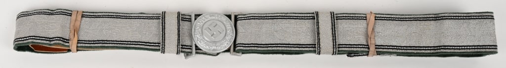 WWII NAZI SS OFFICER'S POLICE BROCADE BELT BUCKLE: Die struck, polished natural aluminum alloy construction circular buckle with a roughly 50mm diameter. Police Officer Buckle is a nice early piece, with a very striking look. The front of the buckle