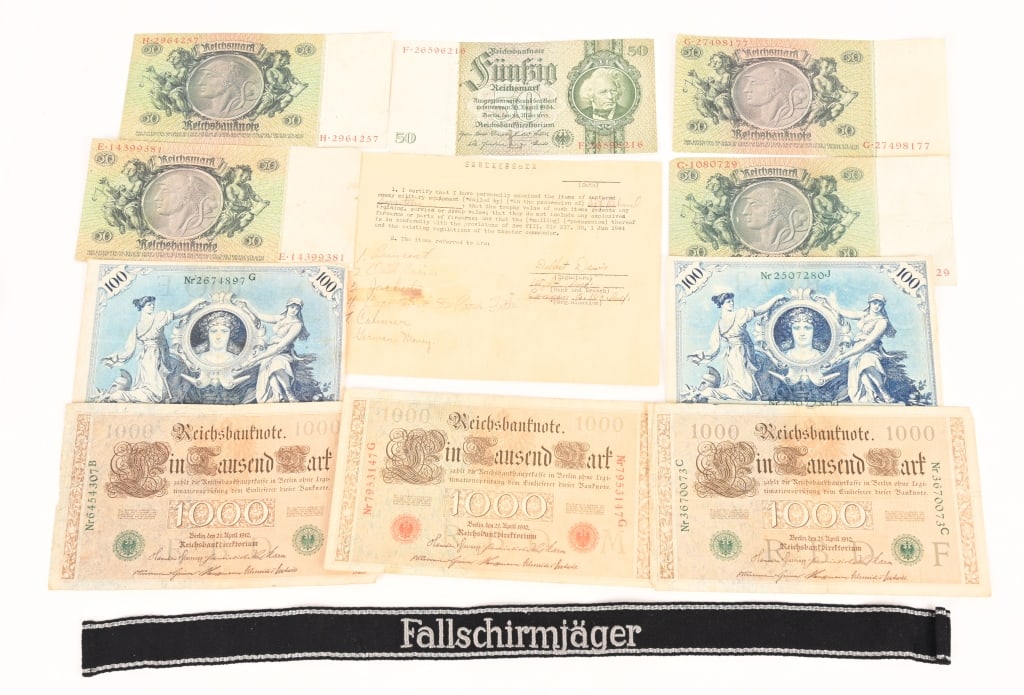 WWII NAZI GERMAN WAFFEN SS CUFFTITLE W CAPTURE DOC: SS Fallschirmjäger EM/NCO RZM Machine-Embroidered Cuff Title. Gray machine-embroidered block letters on black with silver-aluminium (six strand) upper and lower edge borders. Both ends machined