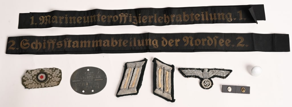 WWII NAZI GERMAN ARMY KM INSIGNIA LOT WW2: Lot of WWII Nazi German insignia to include 1) DOG TAG. Late war tag that reads NR. 612 3/J. B. B1L. 12C 2) ARMY OFFICER'S BREAST EAGLE. Hand embroidered, national breast eagle with out-stretched