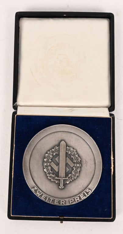 WWII NAZI GERMAN SA REICHSWETTKAMPF 1938 MEDAL WW2: Cased, SA Reichs Wettkampf event. Held in Berlin in 1938 and is awarded for 2nd place on the reverse. The case with this example is in excellent condition with the medal measuring 3 3/4 inches with th