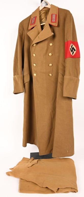 WW2 NAZI GERMAN NSDAP GAU AMTSLEITER NAMED UNIFORM: Rare WWII Nazi German Gau level Amtsleiter Administrative Wool Overcoat with trousers using 2nd pattern insignia used from 1934-1939. This Vet acquired set is named to Gau Amtesleiter Baier of Westpha