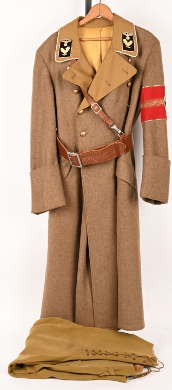 WWII NAZI NSDAP KREIS LEVEL BEREICHSLEITER UNIFORM: WWII Nazi German NSDAP Kreis-Level Bereichsleiter Double Breasted Overcoat with Kreis Level marked Leather Belt and Trousers. The brown wool overcoat features a set of Kreis-Level Bereichsleiter Colla