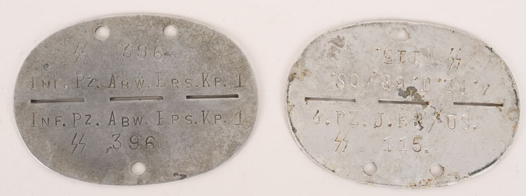 WWII NAZI GERMAN WAFFEN SS DOG TAG LOT OF 2 WW2: Lot of two, WWII Waffen SS Dog Tags to include 1) Aluminum Tag that reads 4.PZ.J.BR/OS SS 115. A Panzer Jager Unit. 2) Aluminum tag that reads SS 396 Inf. Pz. Abw. Ers. Kp. 1 An armored Infantry Anti