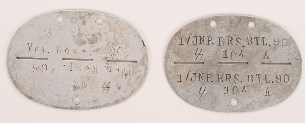 WWII NAZI GERMAN WAFFEN SS DOG TAG LOT OF 2 WW2: Lot of two, WWII Waffen SS Dog Tags to include 1) Aluminum Tag that reads 1/JNP. ERS. BTL. 90 SS 104 A Infantry Replacement Unit and he is Blood Group A 2) Aluminum tag that reads SS 49 Vet. KOMP. 406