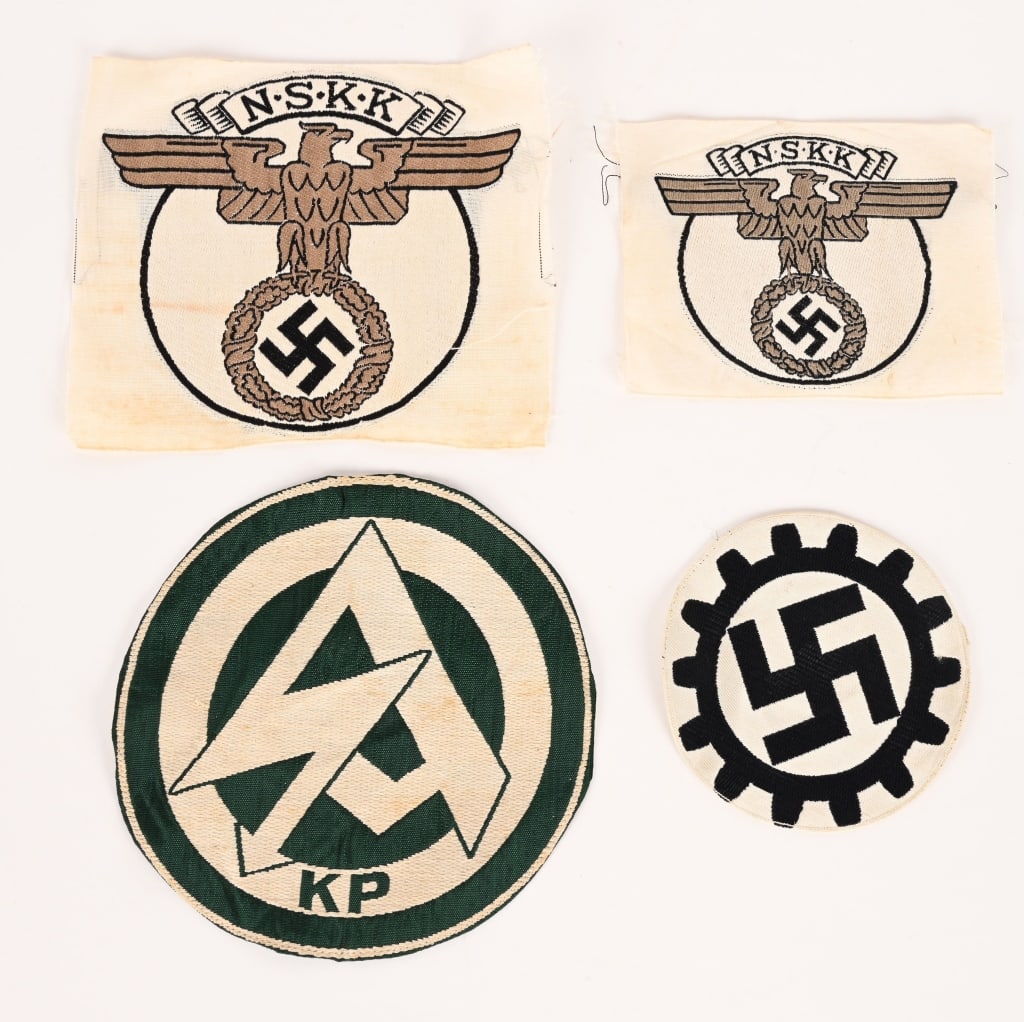 WWII NAZI GERMAN SPORTS SHIRT INSIGNIA SA NSKK DAF: Lot of WWII Nazi German Sports Shirt Insignia to include 1) SA SPORTS SHIRT EMBLEM. This large SA Sports Shirt Emblem is an attractive and impressive piece of regalia. The front of this big Bevo machi