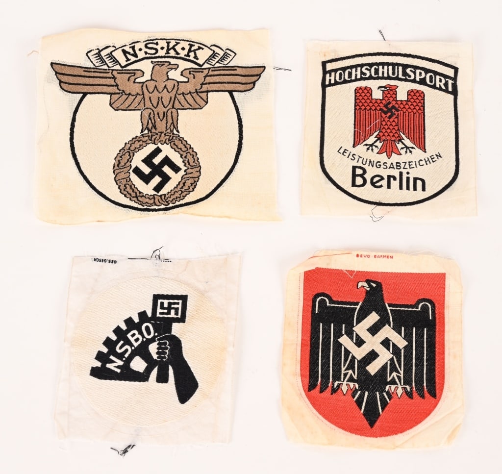 WWII NAZI GERMAN SPORTS SHIRT INSIGNIA DRL NSKK: Lot of WWII Nazi German Sports Shirt Insignia to include 1) NSKK SPORTS SHIRT INSIGNIA. Roughly 13.34cm diameter, machine woven rayon sports shirt insignia. Machine woven NSKK eagle in black and gold,