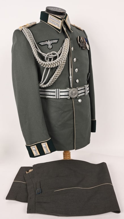 WWII NAZI GERMAN INFANTRY M35 DRESS UNIFORM W BELT: High quality, private purchase, field-gray wool/tricot blend construction Reserve Hauptmann's M35 dress tunic features a vertical, eight button front closure with dual metal hooks and eyes positioned