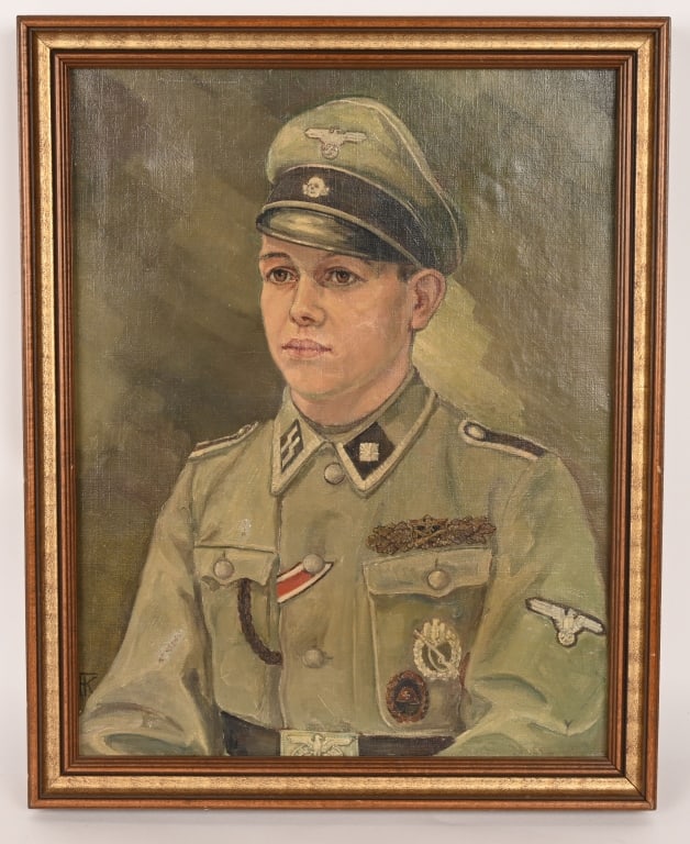 WWII NAZI GERMAN WAFFEN SS FRAMED OIL PORTRAIT WW2: Attractive Framed Oil Portrait of a WWII Nazi German Waffen SS Unterscharführer or Junior Officer wearing his uniform and visor cap with medals to include a close combat badge, silver infantry ba