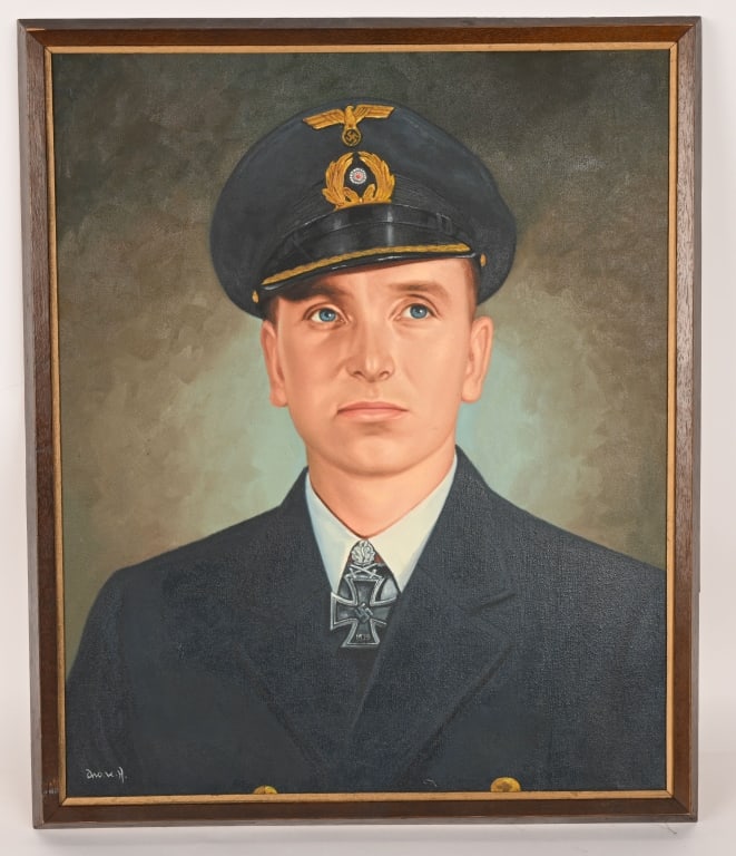 WWII NAZI KRIEGSMARINE PORTRAIT OF OTTO KRETSCHMER: Acrylic portrait of Knight's Cross with Swords Winner Otto Kretschmer measuring 25 X 21 inches and is artist signed. The portrait certainly has age but most likely is post war painted but very attract