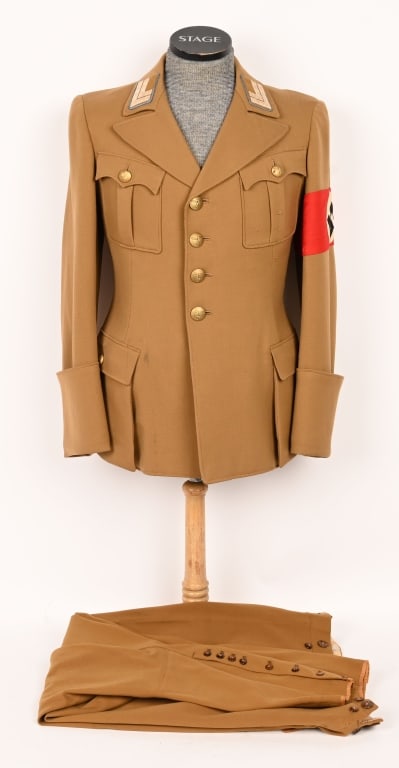 WWII NAZI GERMAN NSDAP HAUPTSTELLENLEITER UNIFORM: Beautiful Orts Level Hauptstellenleiter Uniform. A light brown-colored wool, single-breasted tunic with a pleated patch pocket to each breast, both with scalloped flaps secured by a single button, and
