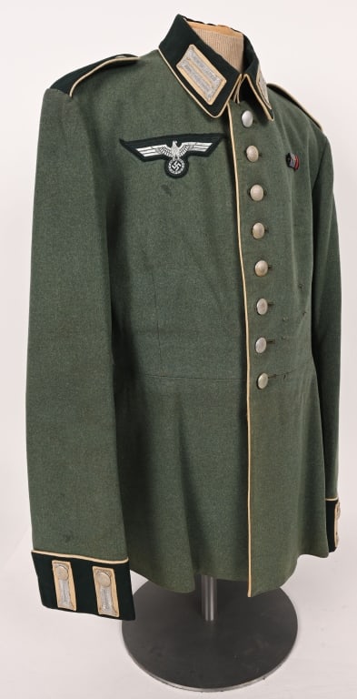 WWII NAZI GERMAN INFANTRY WAFFENROCK TUNIC WW2: Nice quality, private purchased, field-gray, wool/rayon blend construction tunic that features a vertical, eight button front closure with dual metal hooks and eyes positioned at the forward neckline