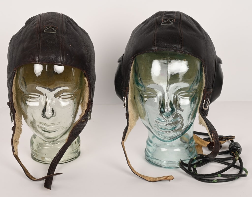 WWII NAZI GERMAN LUFTWAFFE FLIGHT HELMET LOT WW2: WWII Luftwaffe Flight Helmets lot to include 1) WWII NAZI GERMAN LUFTWAFFE FK33 FLIGHT HELMET WW2. Nice quality, five panel, brown, grained kid leather construction winter flight helmet with magnetic