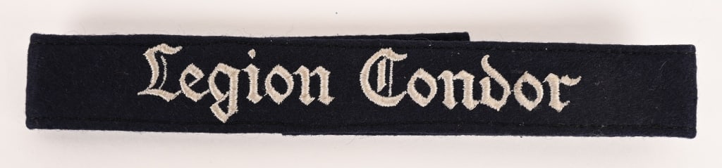 WWII NAZI GERMAN LUFTWAFFE LEGION CONDOR CUFFTITLE: Legion Condor Cufftitle - Cufftitle for NCOs, in soft blue wool, this cufftitle is machine embroidered in silvery thread letters, in mint condition, measures 16 3/4 inches in length, overall in very f