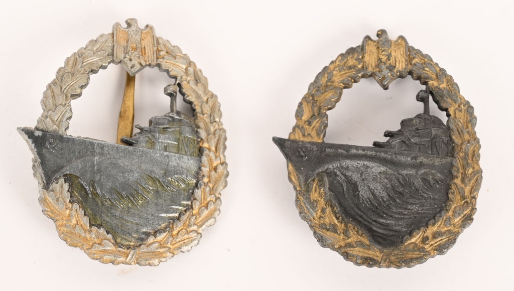 WWII NAZI KRIEGSMARINE DESTROYER WAR BADGE LOT WW2: Lot of two, WWII Nazi German Kriegsmarine badges to include 1) DESTROYER WAR BADGE. Alloy, solid back construction badge is in the form of a gilt, vertically oval, oak-leaf wreath with a small nationa