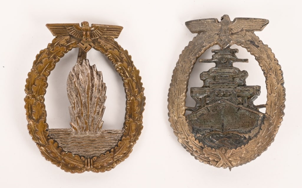WWII NAZI KM HIGH SEAS FLEET & MINESWEEPER BADGE: Lot of two, WWII Nazi German Kriegsmarine badges to include 1) HIGH SEAS FLEET WAR BADGE. Die struck, solid backed, nicely convexed, alloy construction badge with gilt and burnished silver finishes. T