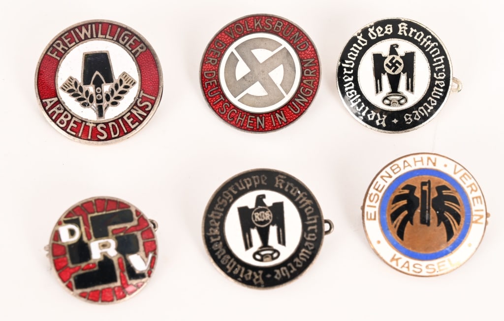 WWII NAZI GERMAN NSDAP MEMBER BADGE LOT DRV WW2: Lot of WWII Nazi German Pins to include 1) VOLKSBUND DER DEUTSCHEN IN UNGARN PARTY PIN. (Volksbund der Deutschen in Ungarn Mitgliedsabzeichen). Constructed of gilded bronze with multi-coloured enamels